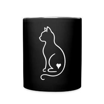 Cat Line Art – White Minimal Design with Heart - Full Colour Mug - black - Front