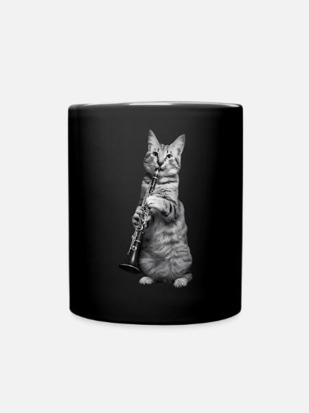 Katze Klarinette - Tasse einfarbig - Schwarz