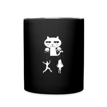 Lustige Katze als Puppenspieler - Tasse einfarbig - Schwarz - Vorne
