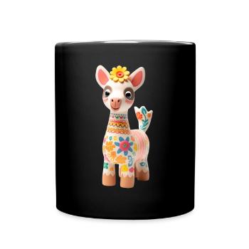 Süßes Lama mit Blümchen Deko - Tasse einfarbig - Schwarz - Vorne