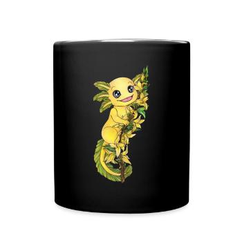 Axolotl in Gelb mit Frühblüher Forsythie Blume - Tasse einfarbig - Schwarz - Vorne