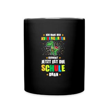 Schulkind Dino Schulbeginn Geschenk - Tasse einfarbig - Schwarz - Vorne