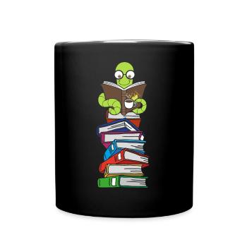 Wurm liest Bücher mit Kaffee - Tasse einfarbig - Schwarz - Vorne