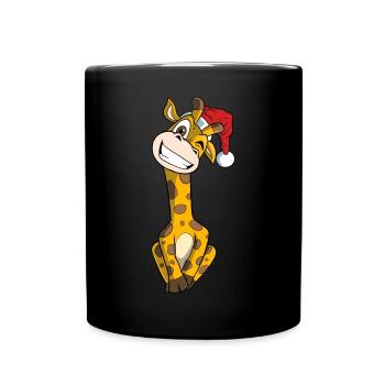 Weihnachtliche Giraffe mit Weihnachtsmütze - Tasse einfarbig - Schwarz - Vorne