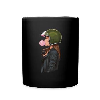 Coole Motorradfahrerin Bikerin kaut Kaugummi - Tasse einfarbig - Schwarz - Vorne
