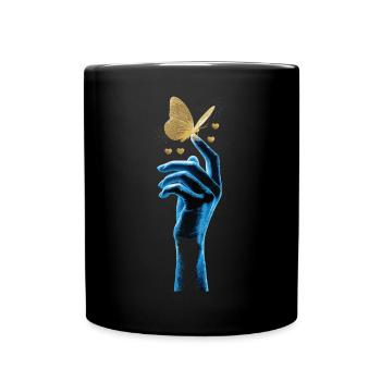 Golden butterfly on glowing hand - Full Colour Mug - black - Front