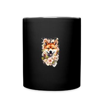Japanese dog Shiba Inu portrait cherry blossoms - Full Colour Mug - black - Front