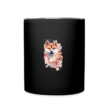 Japanese dog Shiba Inu portrait cherry blossoms - Full Colour Mug - black - Front