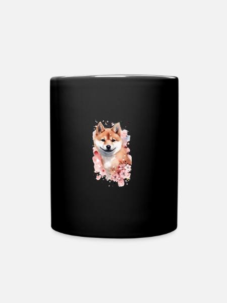 japanisch Hund Shiba Inu Porträt Kirschblüten - Tasse einfarbig - Schwarz