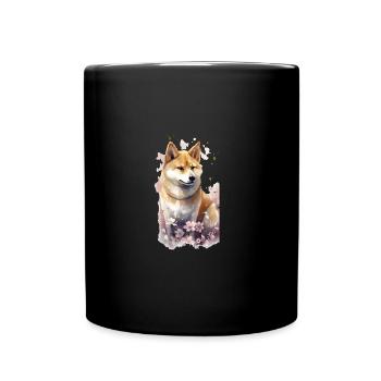 Japanese dog Shiba Inu portrait flowers - Full Colour Mug - black - Front