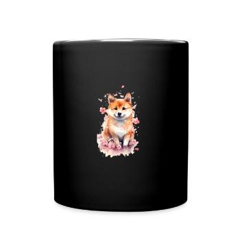 japanisch Hund Shiba Inu Welpe Kirschblüten - Tasse einfarbig - Schwarz - Vorne