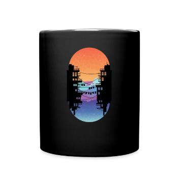Silhouette Geschenk Sonnenuntergang Häuser Stadt - Tasse einfarbig - Schwarz - Vorne