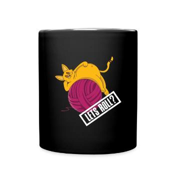 Katze Haustier Comic Lets Roll Wolle Ball - Tasse einfarbig - Schwarz - Vorne