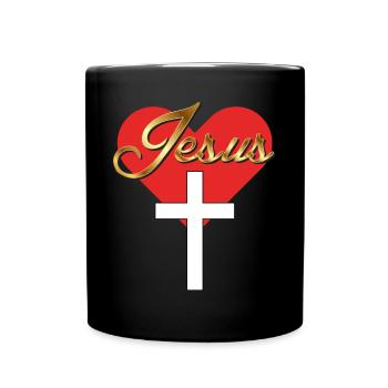 Jesus Goldschrift Herz weißes Kreuz Geschenkidee - Tasse einfarbig - Schwarz - Vorne