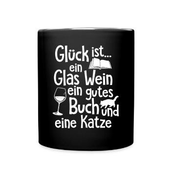 Katzenliebhaber Glück = Wein Buch Katze Geschenk - Tasse einfarbig - Schwarz - Vorne