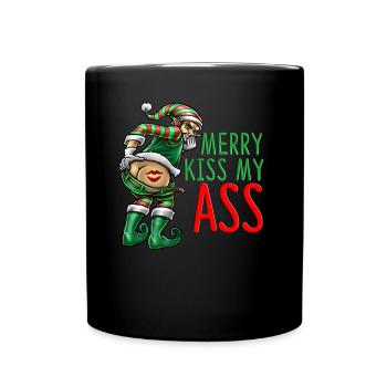 Merry Kiss My Ass Anti Weihnachten Spruch Geschenk - Tasse einfarbig - Schwarz - Vorne