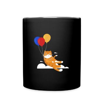 Lustige Katze Kater Miau Fliegt Mit Ballon - Tasse einfarbig - Schwarz - Vorne