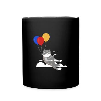 Lustige Katze Kater Miau Fliegt Mit Ballon - Tasse einfarbig - Schwarz - Vorne