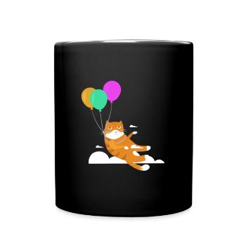 Lustige Katze Kater Miau Fliegt Mit Ballon - Tasse einfarbig - Schwarz - Vorne