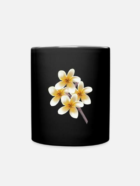 Fleurs jaunes blanches sur une tige arbre de temple de Plumeria - Mug uni - noir