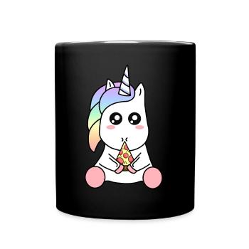 Cute Funny Kawaii Unicorn Eating Pizza Slice - Full Colour Mug - black - Front