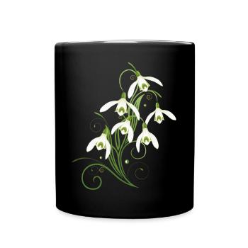 Zarte Schneeglöckchen mit Ornamenten und Ranken - Tasse einfarbig - Schwarz - Vorne