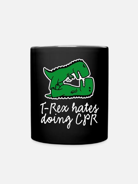 T-Rex hates doing CPR first aid nurse - Full Colour Mug - black
