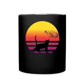 Katze Vogel Auf Baum Retro Vintage Sonnenuntergang - Tasse einfarbig - Schwarz - Vorne
