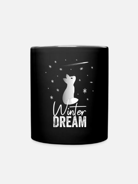Winter Dream A Cute Snow Fox Watching Snowflakes - Full Colour Mug - black