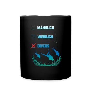 Lustiges Taucher Design - Männlich Weiblich Divers - Tasse einfarbig - Schwarz - Vorne