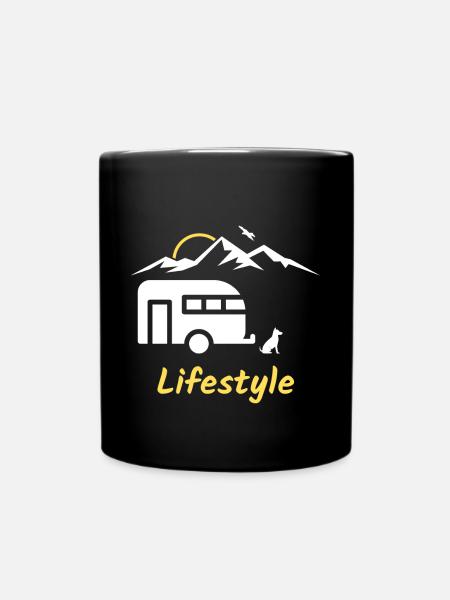 Lifestyle camping caravan dog mountains gift - Full Colour Mug - black