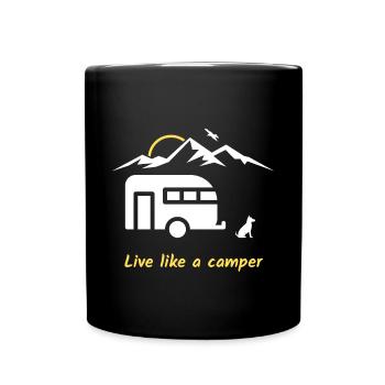 Vivez comme un campeur, un chien, des montagnes, un oiseau, une caravane - Mug uni - noir - Devant