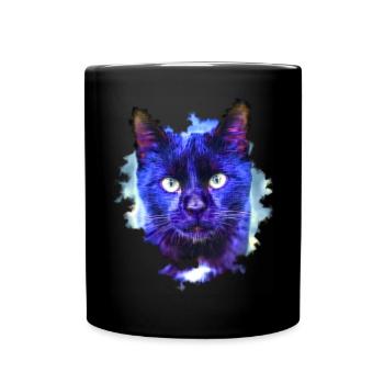 Neon cat in the rain of light - Full Colour Mug - black - Front