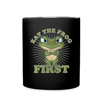 "Eat The Frog First" Vintage Comic Zeitmanagement - Tasse einfarbig - Schwarz - Vorne