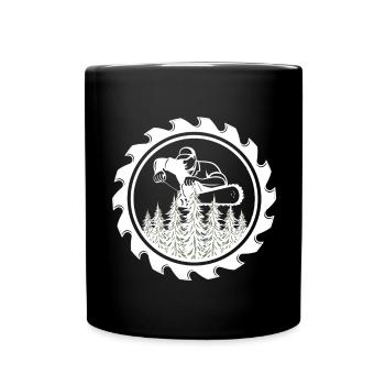 Kettensäge im Wald Badge - Tasse einfarbig - Schwarz - Vorne