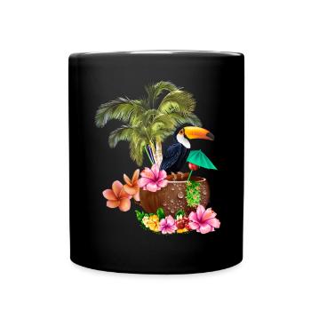 Tropisches Design mit Tukanen und Palmen. - Tasse einfarbig - Schwarz - Vorne