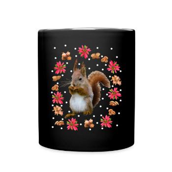 Squirrels with nuts, poinsettia, hazelnut - Full Colour Mug - black - Front