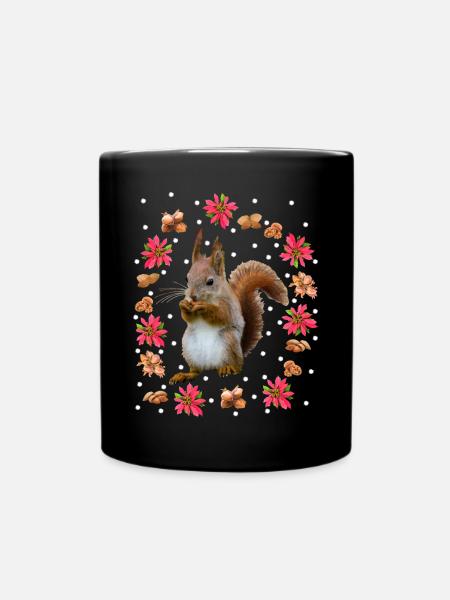 Squirrels with nuts, poinsettia, hazelnut - Full Colour Mug - black