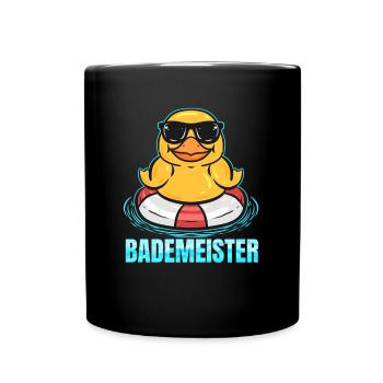 Bademeister - Quietscheente & Rettungsring - Tasse einfarbig - Schwarz - Vorne