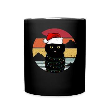 Weihnachtskatze mit Weihnachtslichtern - Tasse einfarbig - Schwarz - Vorne
