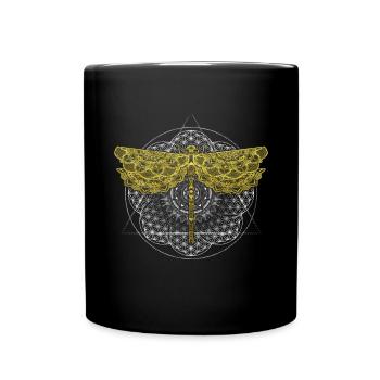 Spiritual Gold Dragonfly Mandala Flower of Life - Full Colour Mug - black - Front
