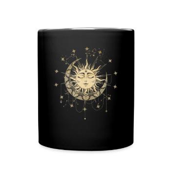 Sonnen Mandala mit Mond und Sternen Spirituell - Tasse einfarbig - Schwarz - Vorne
