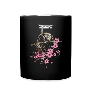 Japanischer Samurai mit Kirschblüten und Sakura - Tasse einfarbig - Schwarz - Vorne