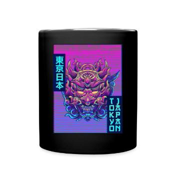 Oni Mask Demon Mask Vaporwave Aesthetic Gesc - Full Colour Mug - black - Front