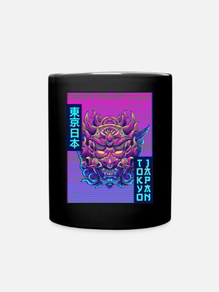 Oni Mask Demon Mask Vaporwave Aesthetic Gesc - Full Colour Mug - black