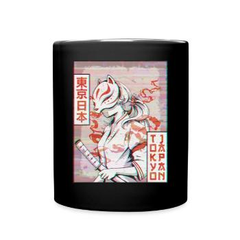 Samurai Kitsune Fox Mask Vaporwave Aesthetic - Full Colour Mug - black - Front