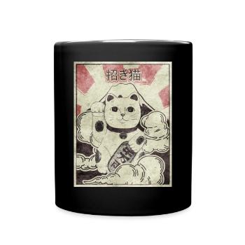 Maneki Neko Cat Japanese Aesthetic Vintage Ges - Full Colour Mug - black - Front