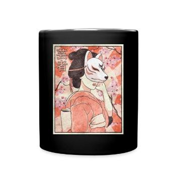 Geisha Kitsune Mask Japanese Gift - Full Colour Mug - black - Front