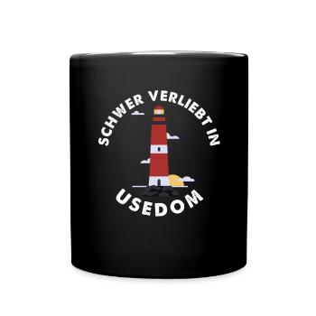 Schwer verliebt - Usedom Ostsee - Leuchtturm Anker - Tasse einfarbig - Schwarz - Vorne