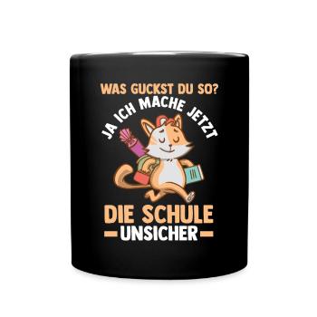 Schulkind Katze Schüler Schulanfang Einschulung - Tasse einfarbig - Schwarz - Vorne